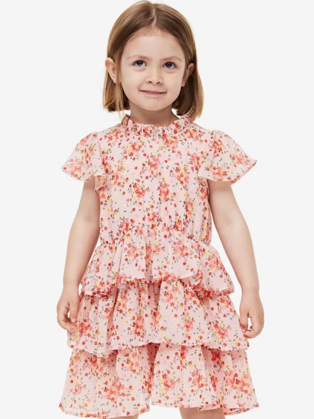NWOT Girl's H&M Light Pink Floral Chiffon Flounced Ruffle Dress, Size 2-3Y
